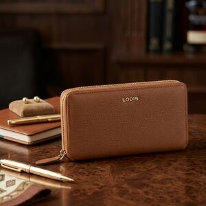 Lodis Tan Pebbled Leather Zip Around Continental Wallet RFID